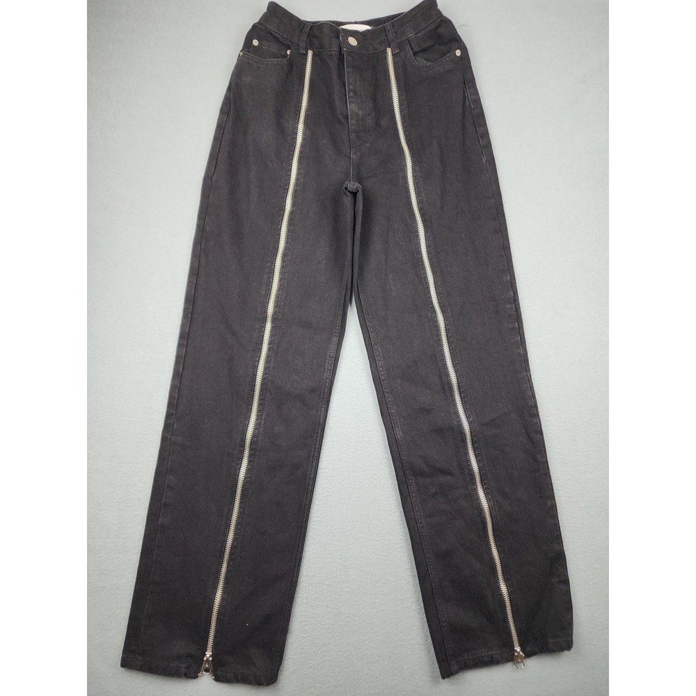 Zara Jeans Womens 6 Black High Rise Straight Exposed Zip Front Ankle Denim Wide